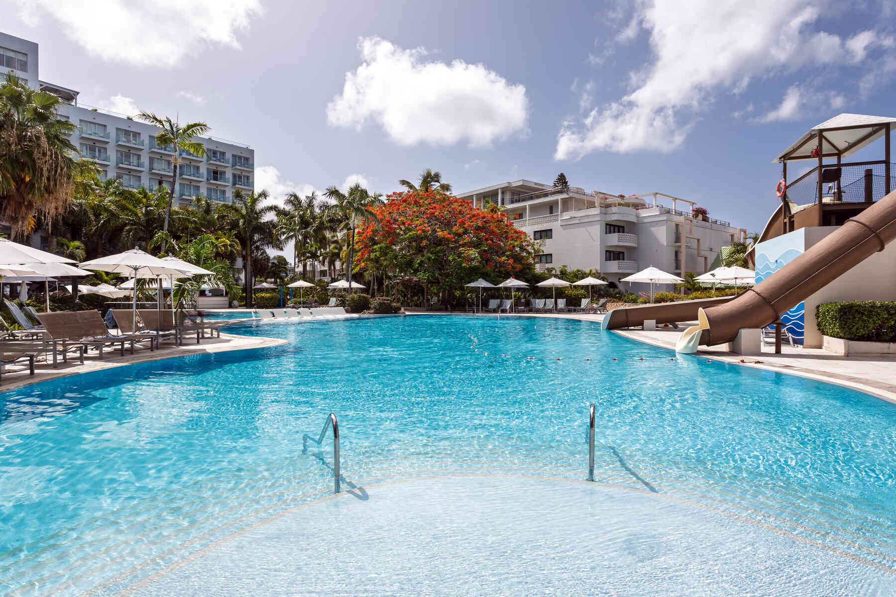 pool and waterslides at sonesta resorts st maarten